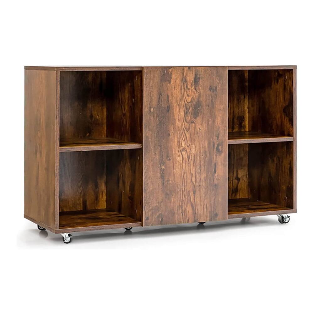 Front. Kadyn - Wood Storage Cabinet with Wheels and 6 CompartmentsRustic brown Organizer Hallway Entryway Cabinet for Living - Brown.