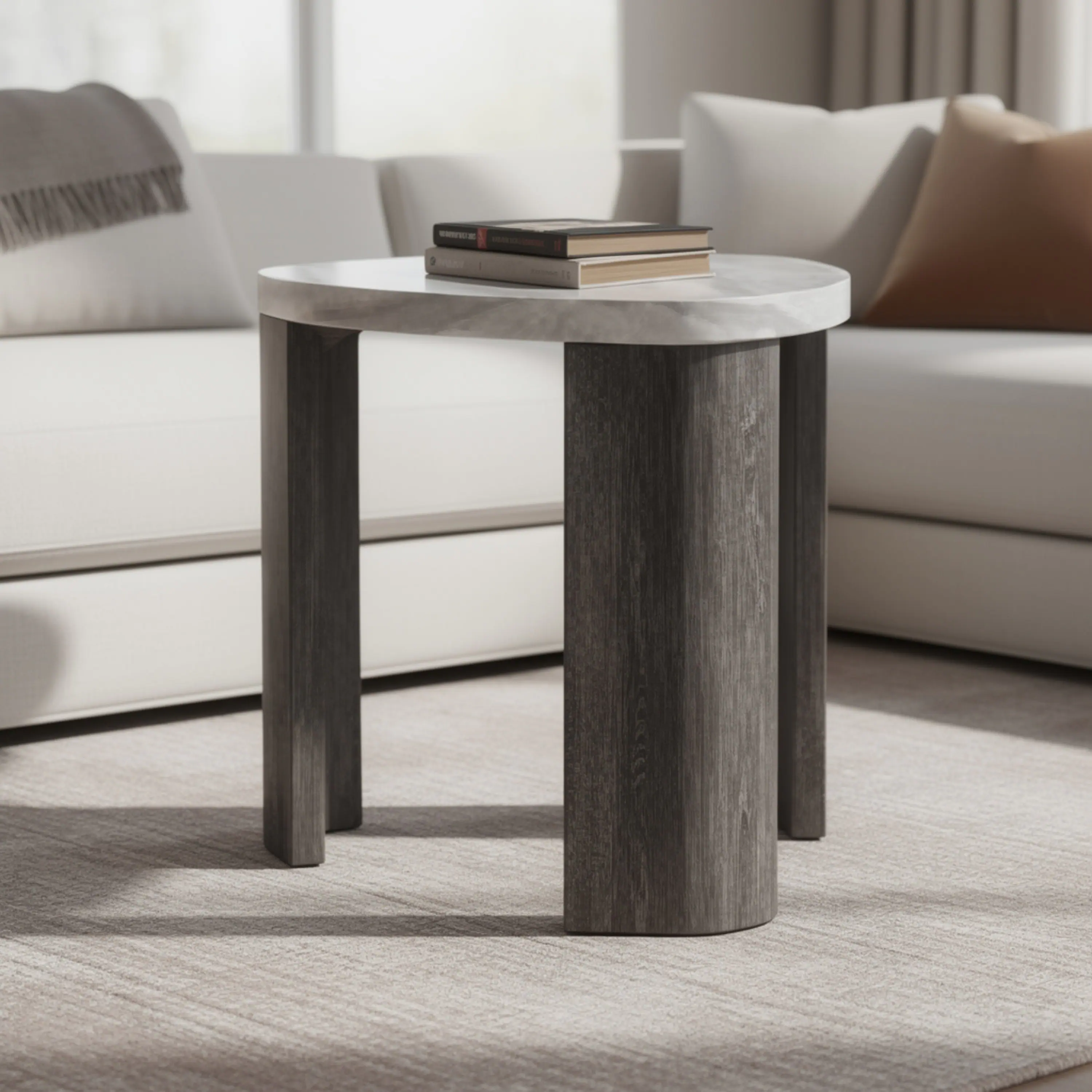 Alt View 5. Manhattan Lane - Lesy Side End Table, 24 Inch Triangular Faux Marble Top - Gray, White.