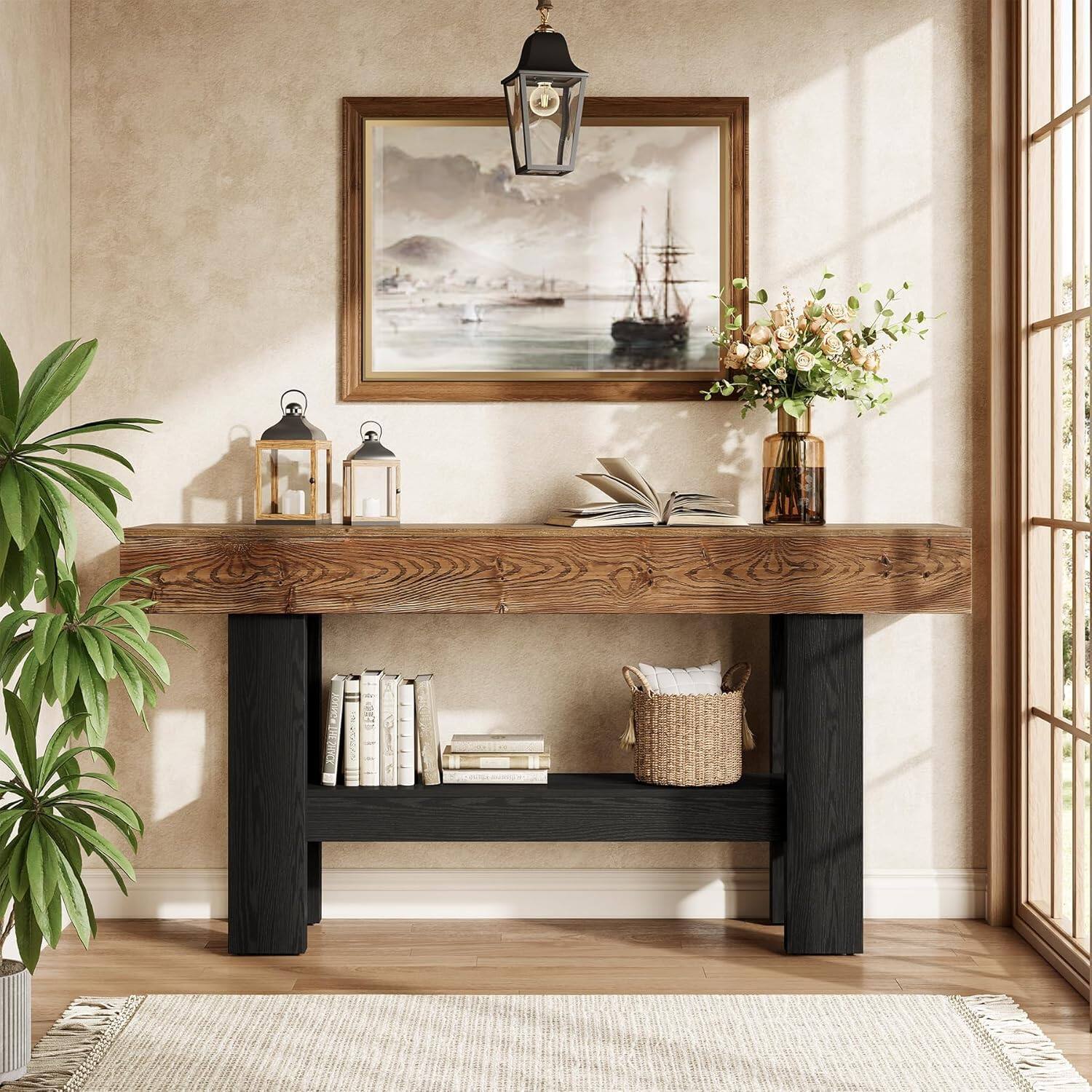 Alt View 2. Tribesigns - Solid Wood Console Table, 160 cm Extra Long Console Table, 2-Tier Narrow Farmhouse Living Room Table for Entrance Area, - brown.