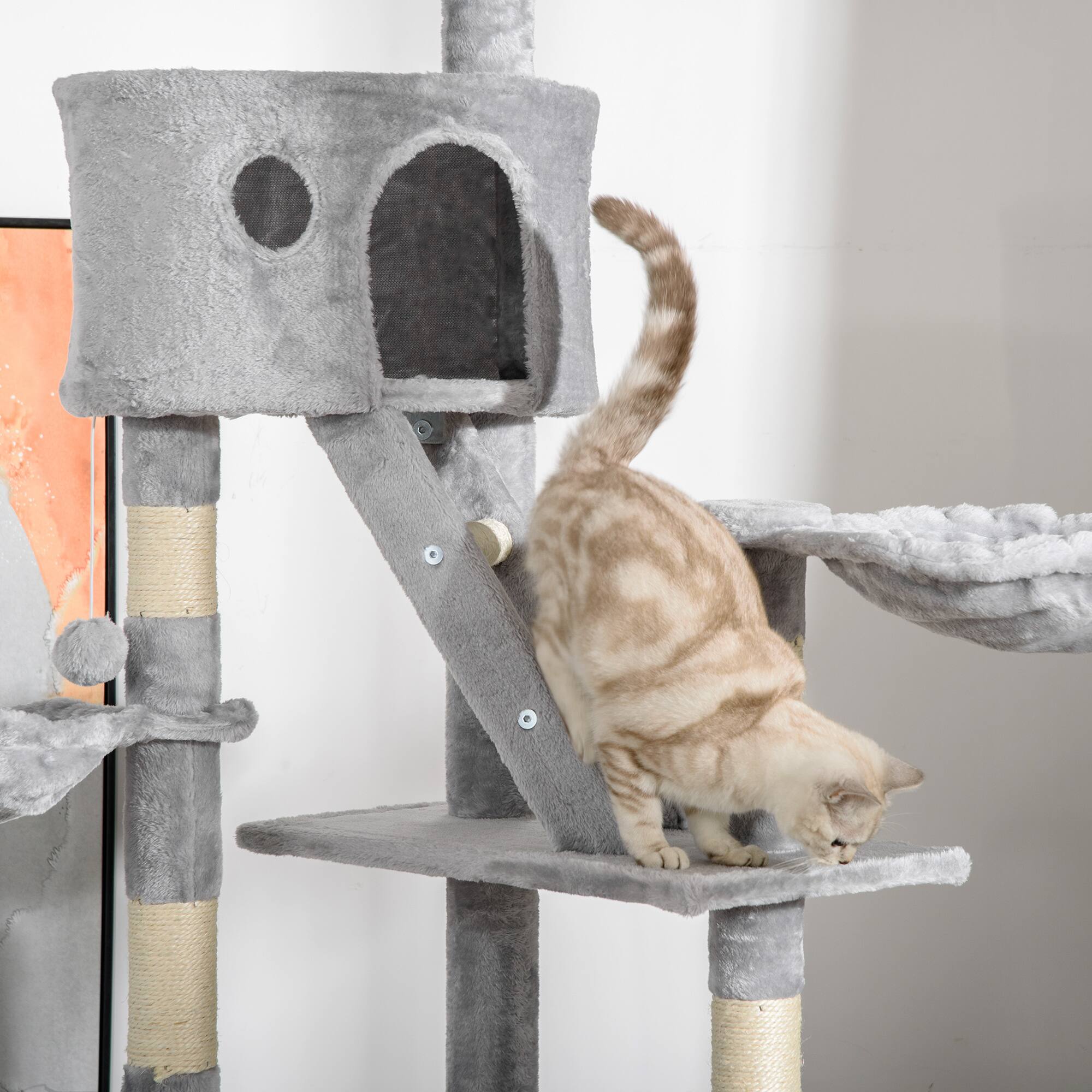 Alt View 5. Pawhut - Floor to Ceiling Cat Tree, 94.5"-102.5" Adjustable, Scratching Posts, Condos, Hammocks, Platforms, Balls - Light Gray.