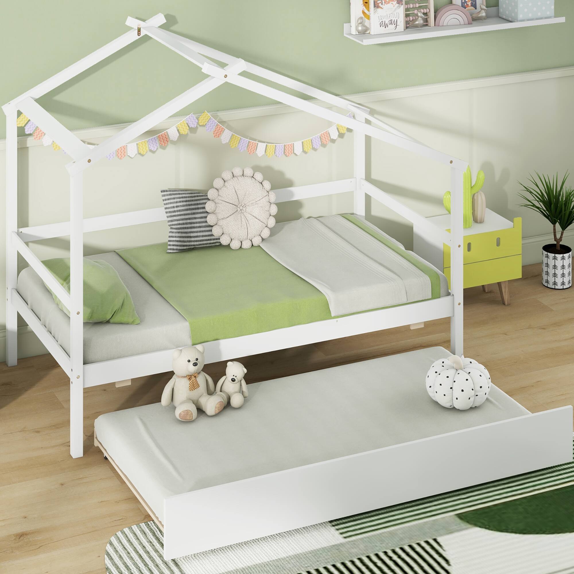 Gymax - Twin House Bed w/ Trundle w/ Roof & Fence Rails Wooden Platform Bed Frame - White