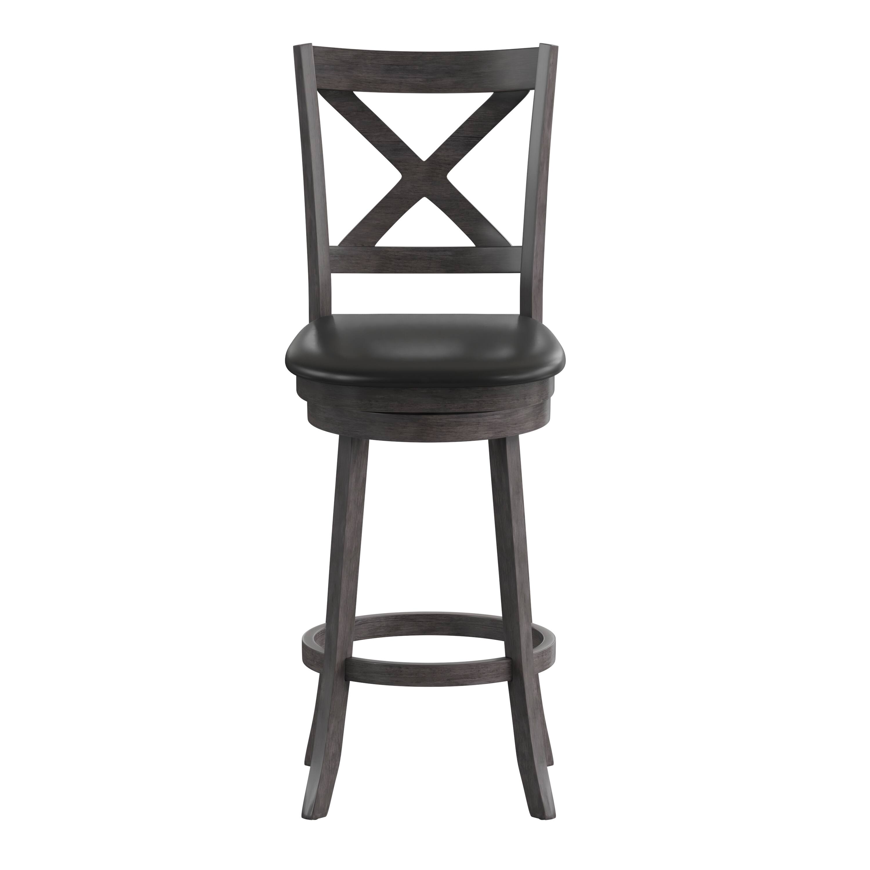 Alt View 9. Emma + Oliver - Luc Wooden Crossback Pub Style Barstool with Padded Faux Leather Swivel Seat - Black Vinyl/Gray Wash Walnut Frame.