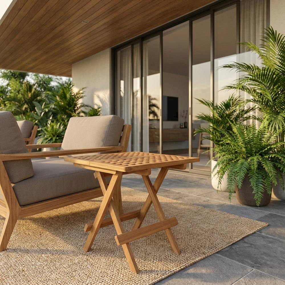 Angle. Outdoor Escape - Teak Wood Outdoor Side Table With Modern Design For Patio Or Garden Use - Brown.