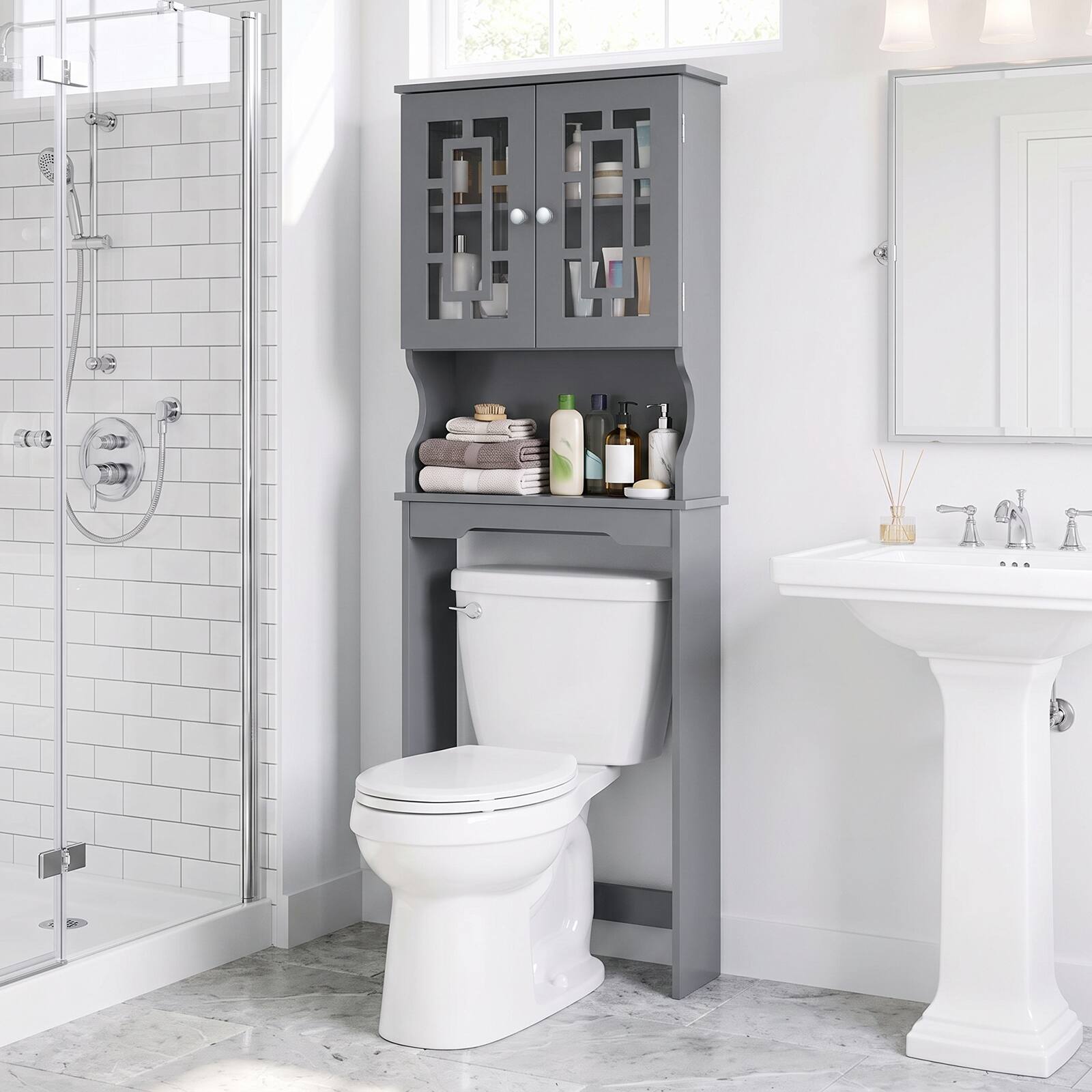 Alt View 4. Costway - Costway Over the Toilet Storage Bathroom Spacesaver Cabinet Tower Organizer Shelf & Doors - Gray.