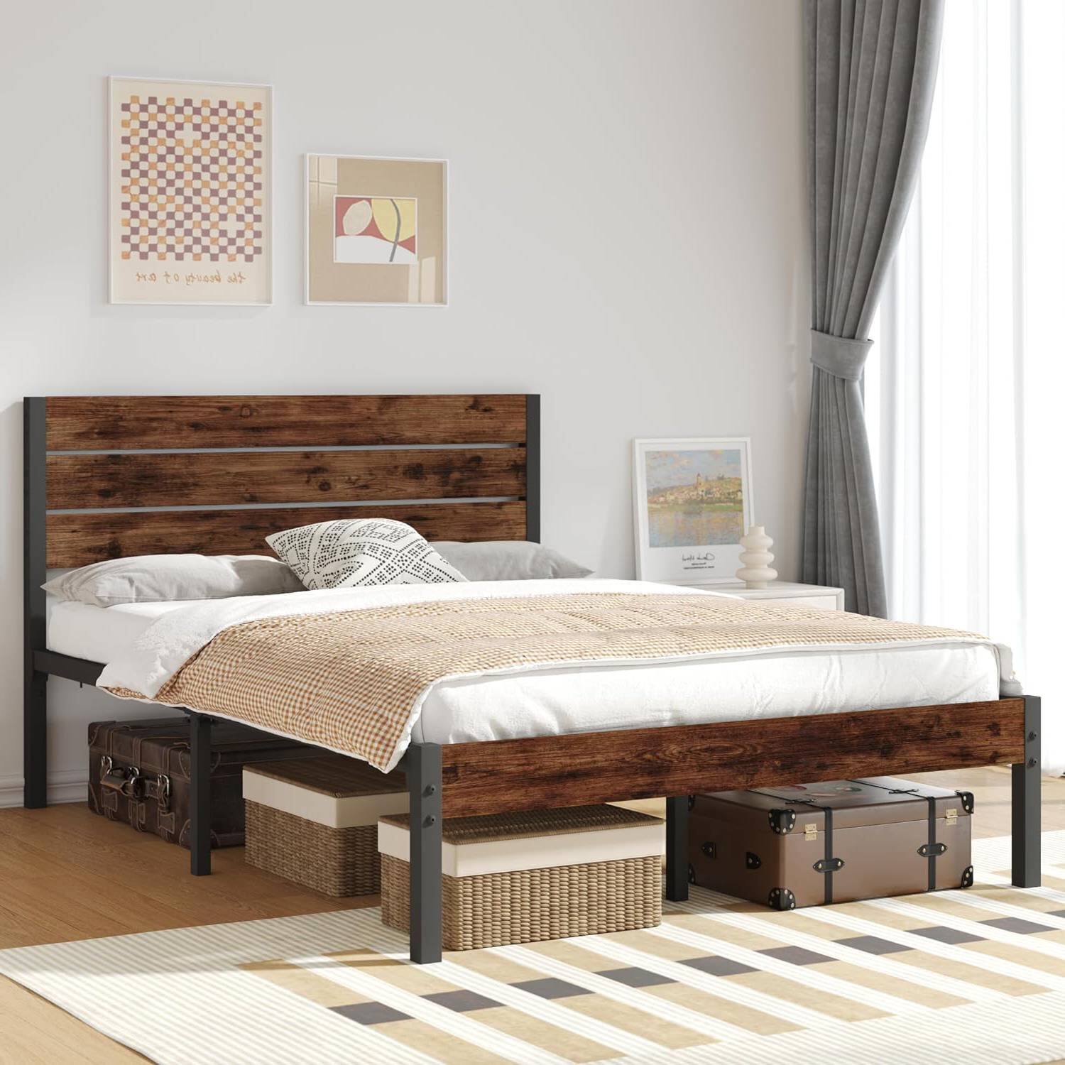 Front. Hivvago - Hivvago Full size Modern Farmhouse Metal Platform Bed Frame with Wood Headboard - Brown.