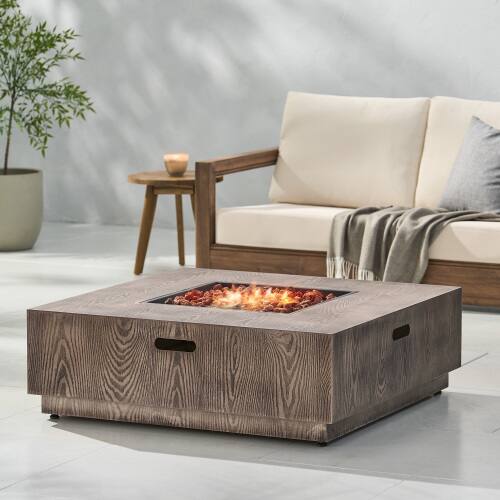 Front. Siljoy - WELLINGTON SQUARE IRON WOOD PATTERN FIRE PIT -50,000 BTU Tank outside.