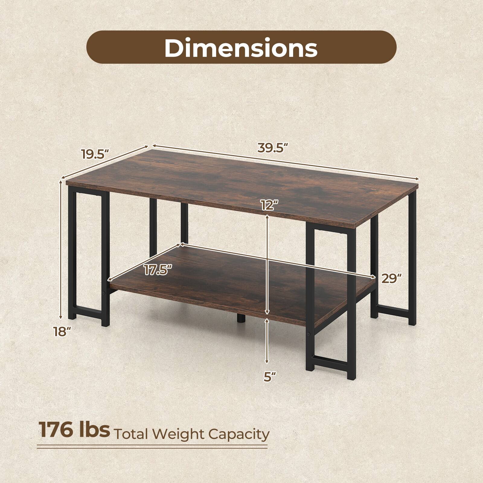 Dimensions: 19.5" x 39.5" x 12" x 17.5" x 29" x 18" x 5"  
Total Weight Capacity: 176 lbs
