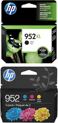 hp PROVEN PERFORMANCE PROFESSIONAL DURABILITY
PERFORMANCES ÉPROUVÉES DURABILITÉ PROFESSIONNELLE
952XL
Black Noir
UP TO 2X MORE PAGES*
JUSQU'À 2 FOIS PLUS DE PAGES*
hp 952
Cyan Magenta Jaune Yellow
3-pack / Paquet de 3
