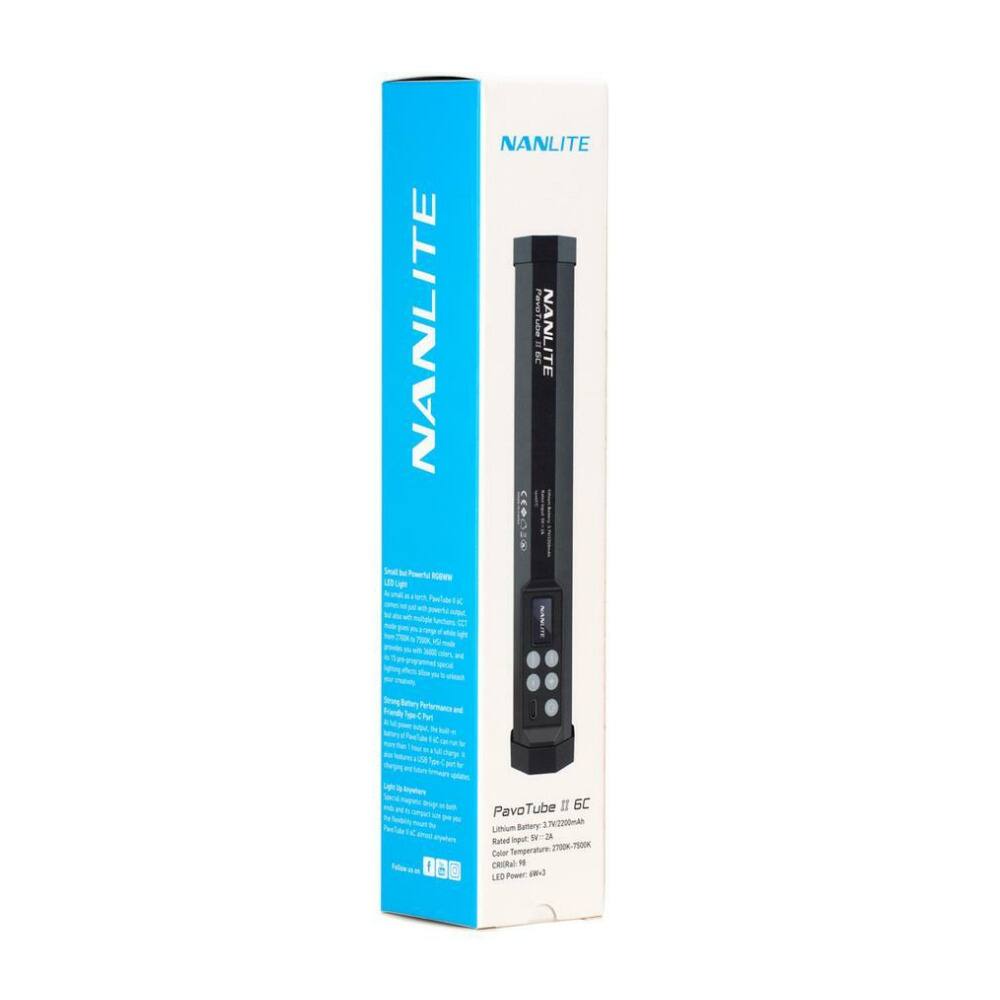 NANLITE Mew - NANLITE Fave Le NANLITE a 3.0 M F m.  
PavoTube II 6C  
Battery: 18650 x 2  
Voltage: 7.4V  
Capacity: 2200mAh  
Temperature: 2700K-5000K  
Color: CRORA  
LED Power: 6W  
Input: 5V-2A  
Output Temperature: 2700K-5000K  
Size: 18x19x180mm  
Weight: 190g