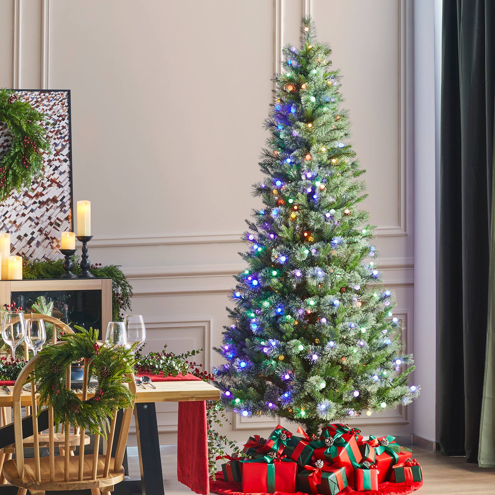 Alt View 8. Glitzhome - 7.5ft Pre-Lit Cashmere Slim Pine Artificial Christmas Tree with 350 Globe Lights - Green.