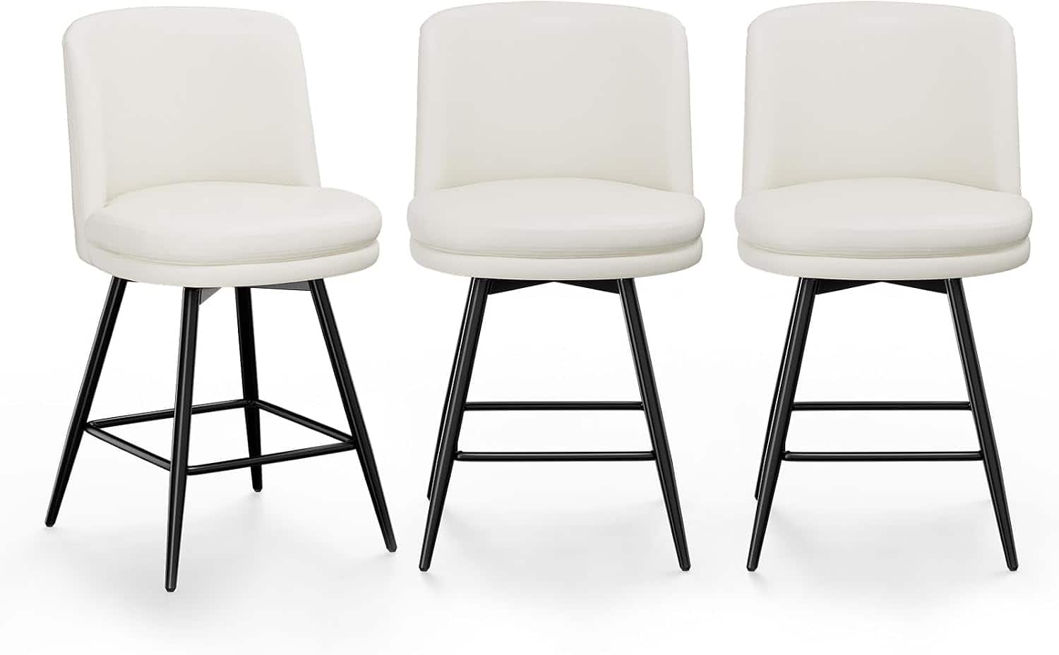 Winado - 26" H Swivel Barstools PU Faux Leather Upholstered Counter Height Bar Stool Chair with Back, Round Seat, Metal Legs - White-Set of 3