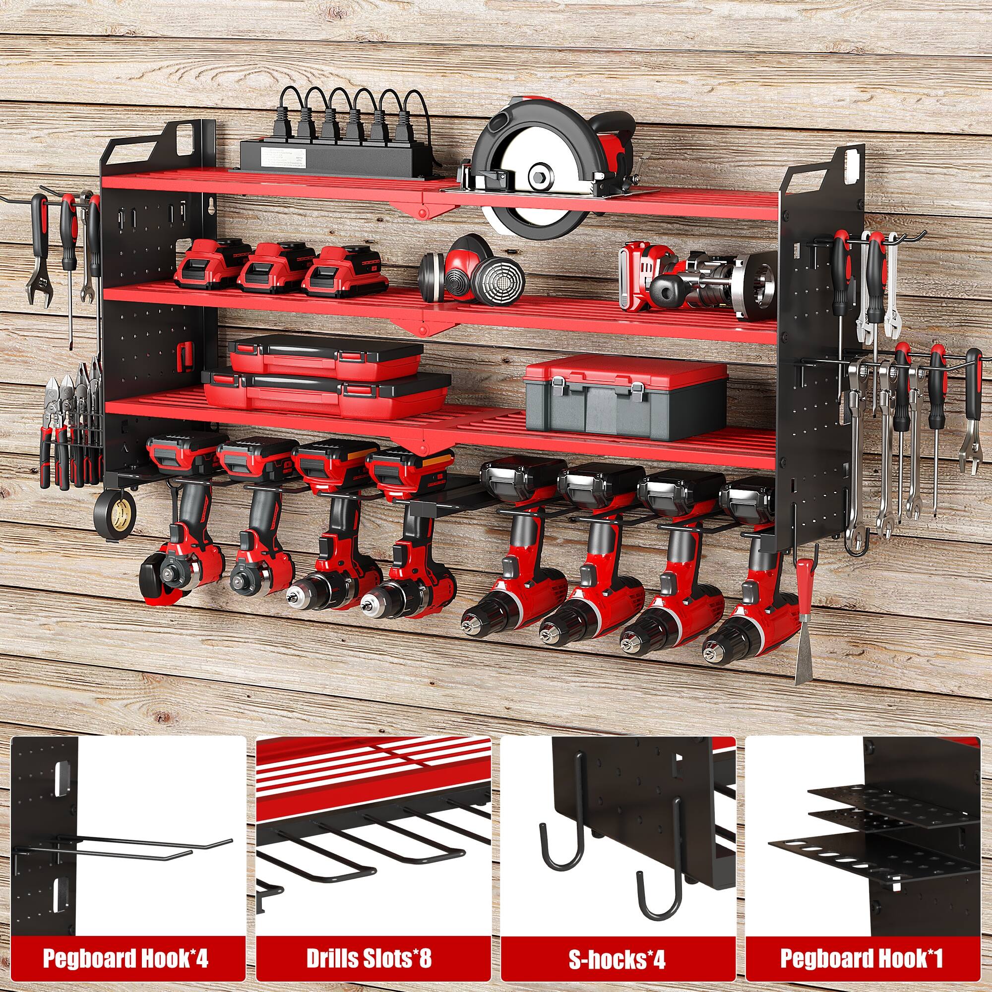 Pegboard Hook*4  
Drills Slots*8  
S-hooks*4  
Pegboard Hook*1