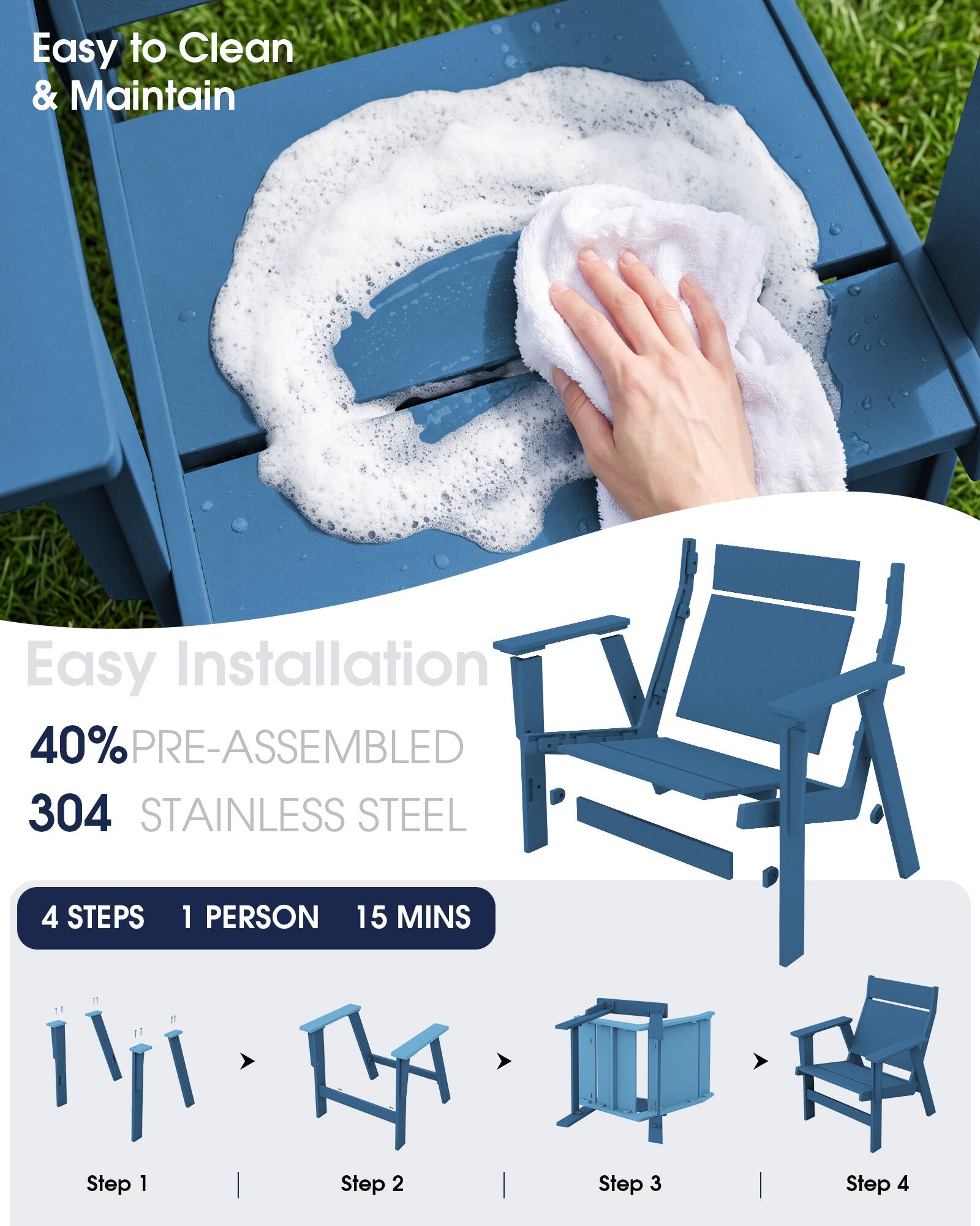 Easy to Clean & Maintain

Easy Installation
40% PRE-ASSEMBLED
304 STAINLESS STEEL

4 STEPS
1 PERSON
15 MINS

Step 1
Step 2
Step 3
Step 4
