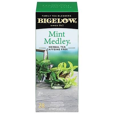 FAMILY TEA BLENDERS  
BIGELOW  
SINCE 1945  

Mint Medley  
HERBAL TEA  
CAFFEINE FREE  

28 TEA BAGS  
NET WT 1.82 OZ (51g)  

REMOVE FOR DISPENSER USE