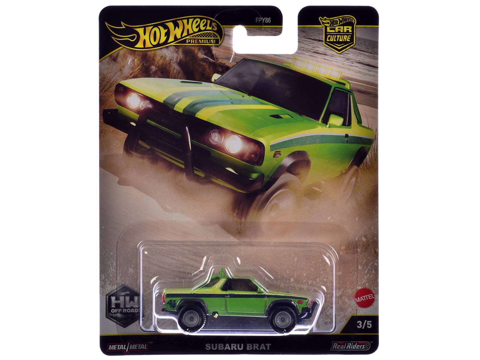 Hot Wheels  
Premium  
Hot Wheels Car Culture  
FPY86  
HW Off Road  
Metal/Metal  
Subaru Brat  
3/5  
Real Riders  
Mattel