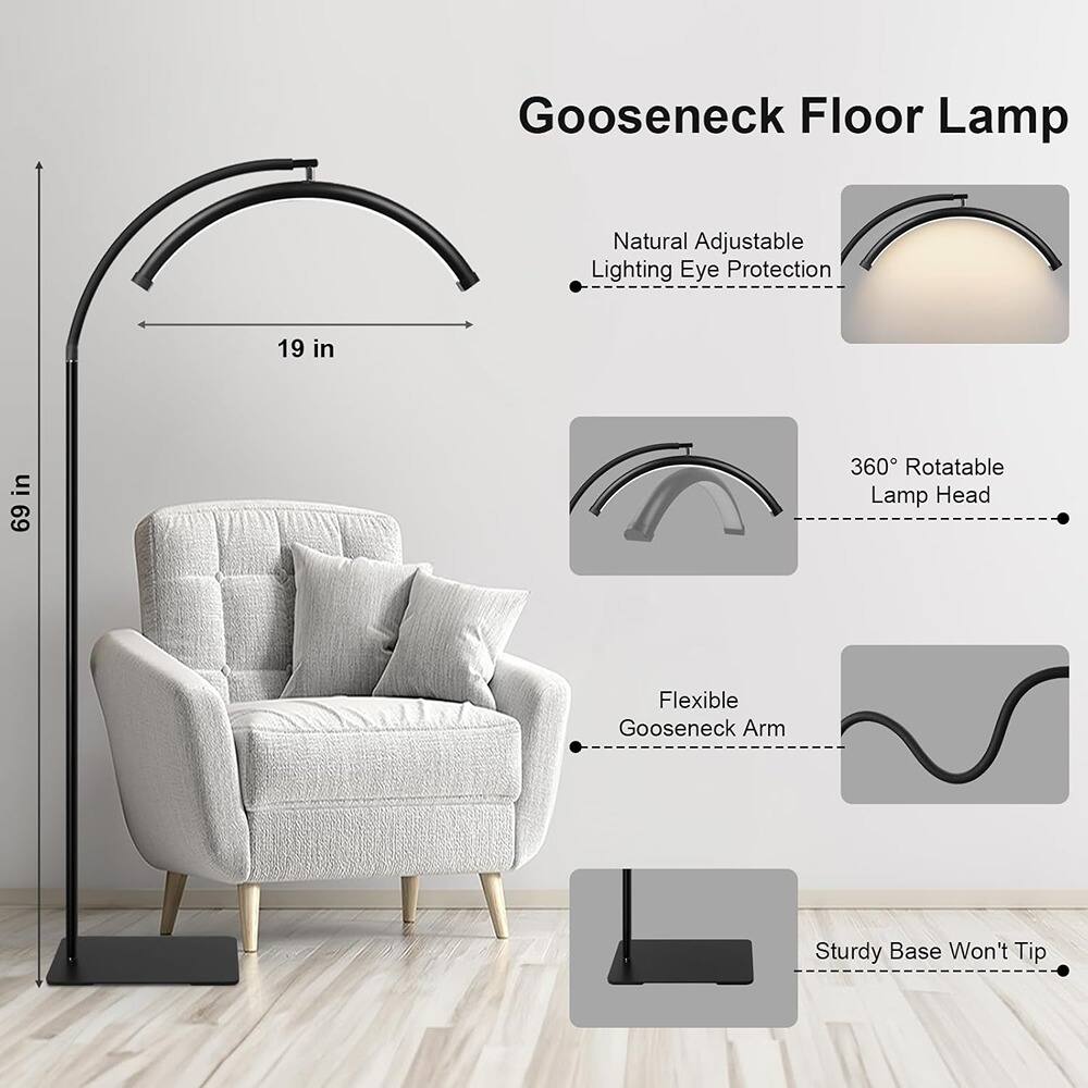 Gooseneck Floor Lamp

- Natural Adjustable Lighting Eye Protection
- 360° Rotatable Lamp Head
- Flexible Gooseneck Arm
- Sturdy Base Won't Tip

Dimensions:
- Height: 69 in
- Width: 19 in
