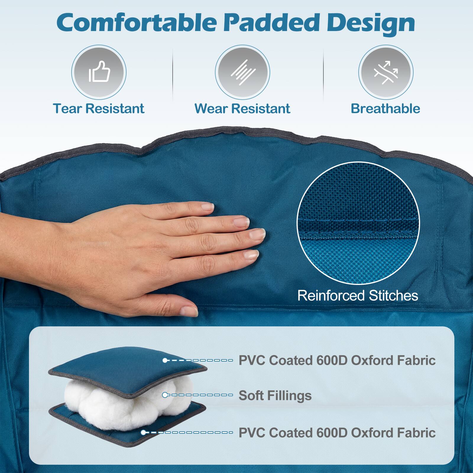 Comfortable Padded Design  
- Tear Resistant  
- Wear Resistant  
- Breathable  
- Reinforced Stitches  

PVC Coated 600D Oxford Fabric  
Soft Fillings  
PVC Coated 600D Oxford Fabric