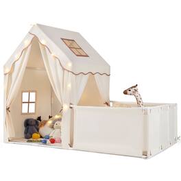 Gymax - Kids Play Tent w/Playpen Yard Door Curtains Windows Star Lights for Boys Girls - Beige