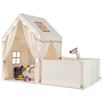Front. Gymax - Gymax Kids Play Tent w/Playpen Yard Door Curtains Windows Star Lights for Boys Girls Beige - Beige.
