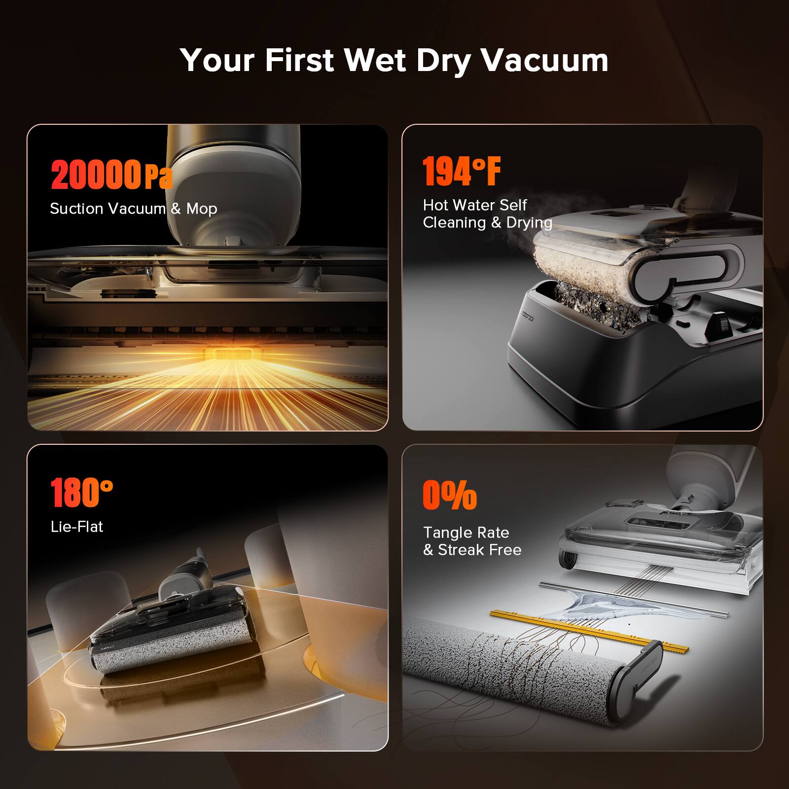 Your First Wet Dry Vacuum: 20000Pa Pa Suction Vacuum & Mo 194F Hot Water Self Cleaning & Drying - 180 Lie-Flat 0% Tangle Rate & Streak Free
