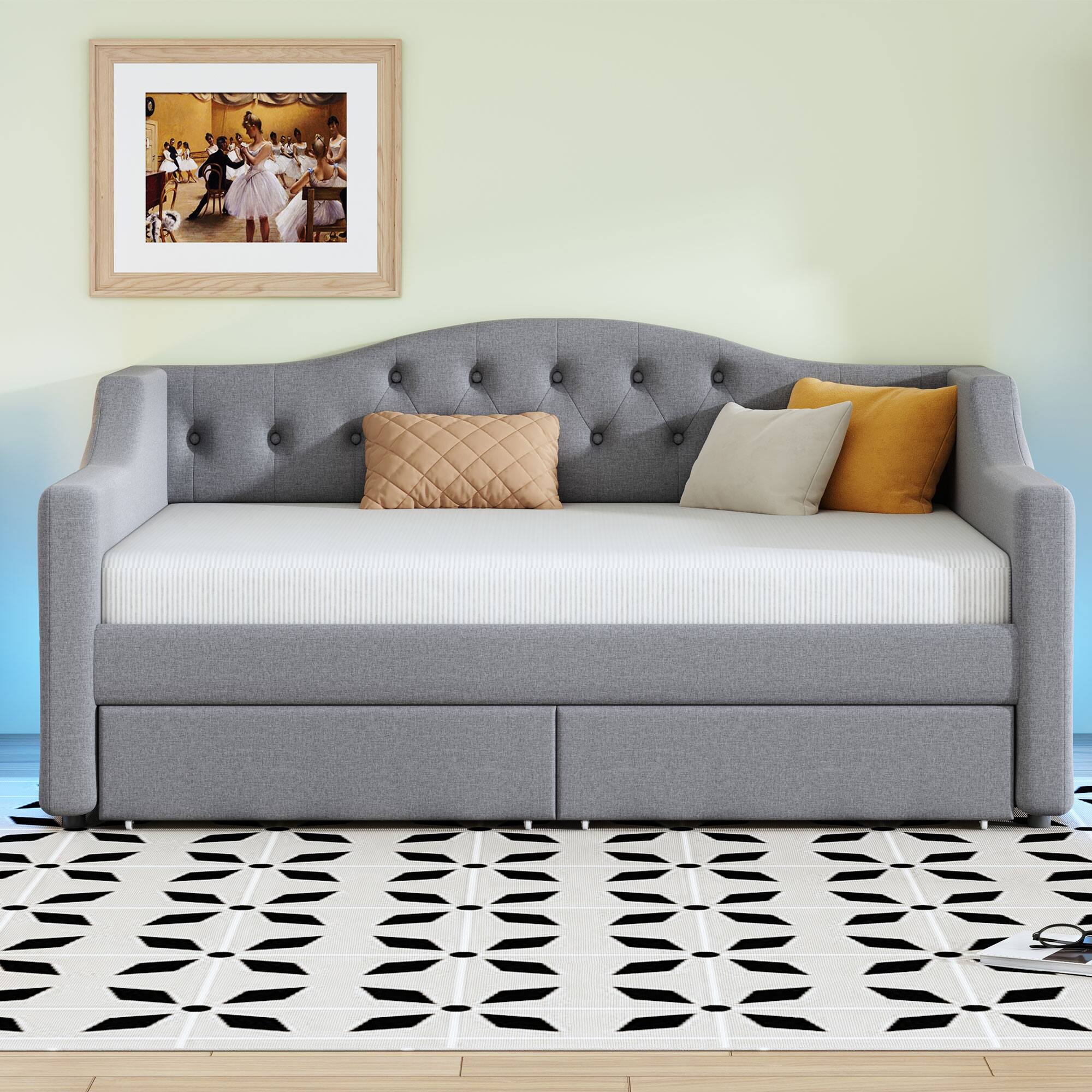 Angle. Whisen - Twin XL Size Daybed with Storage Drawers & LED Lights, Upholstered Bed Frame for Bedroom & Guest Room - Gray.