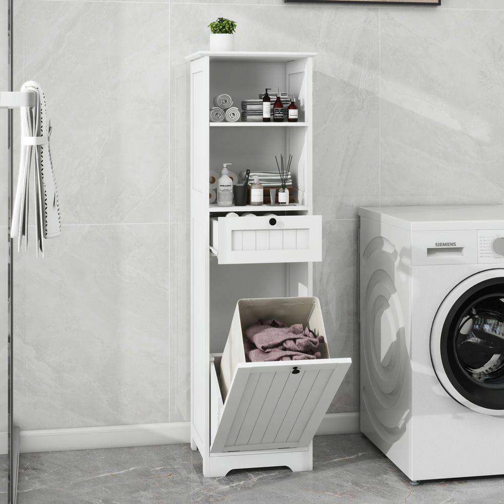 Left. Kadyn - Single-compartment, single-drawer tilting laundry organizer, White - White.