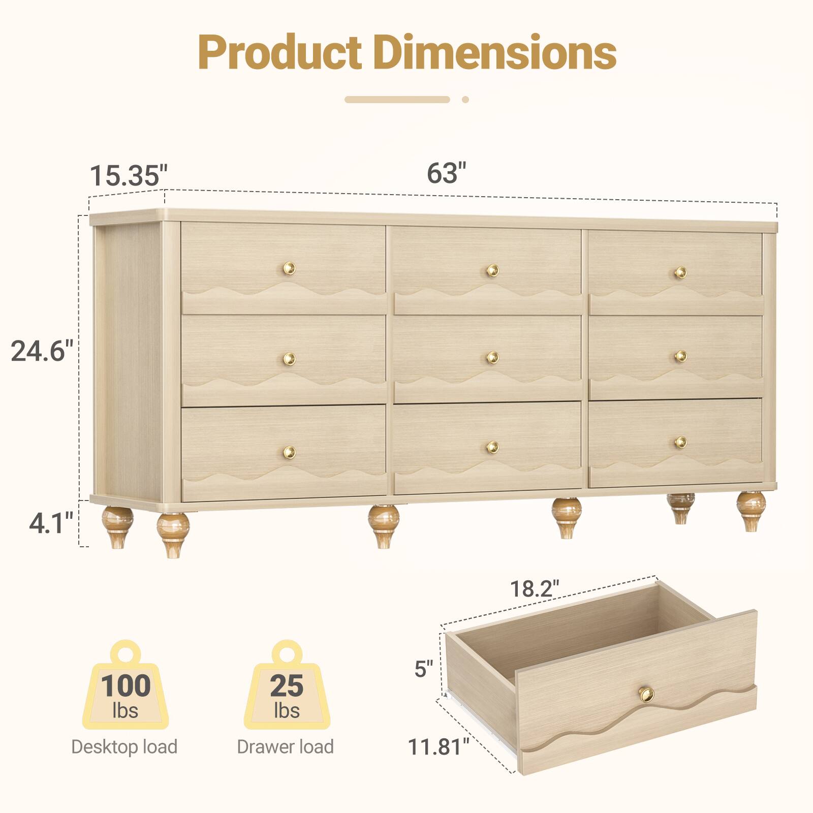 Product Dimensions: 15.35" x 63" x 24.6" x 4.1" x 18.2"  
Weight Capacity: 100 lbs (Desktop load), 25 lbs (Drawer load)  
Drawer Dimensions: 11.81" x 5"
