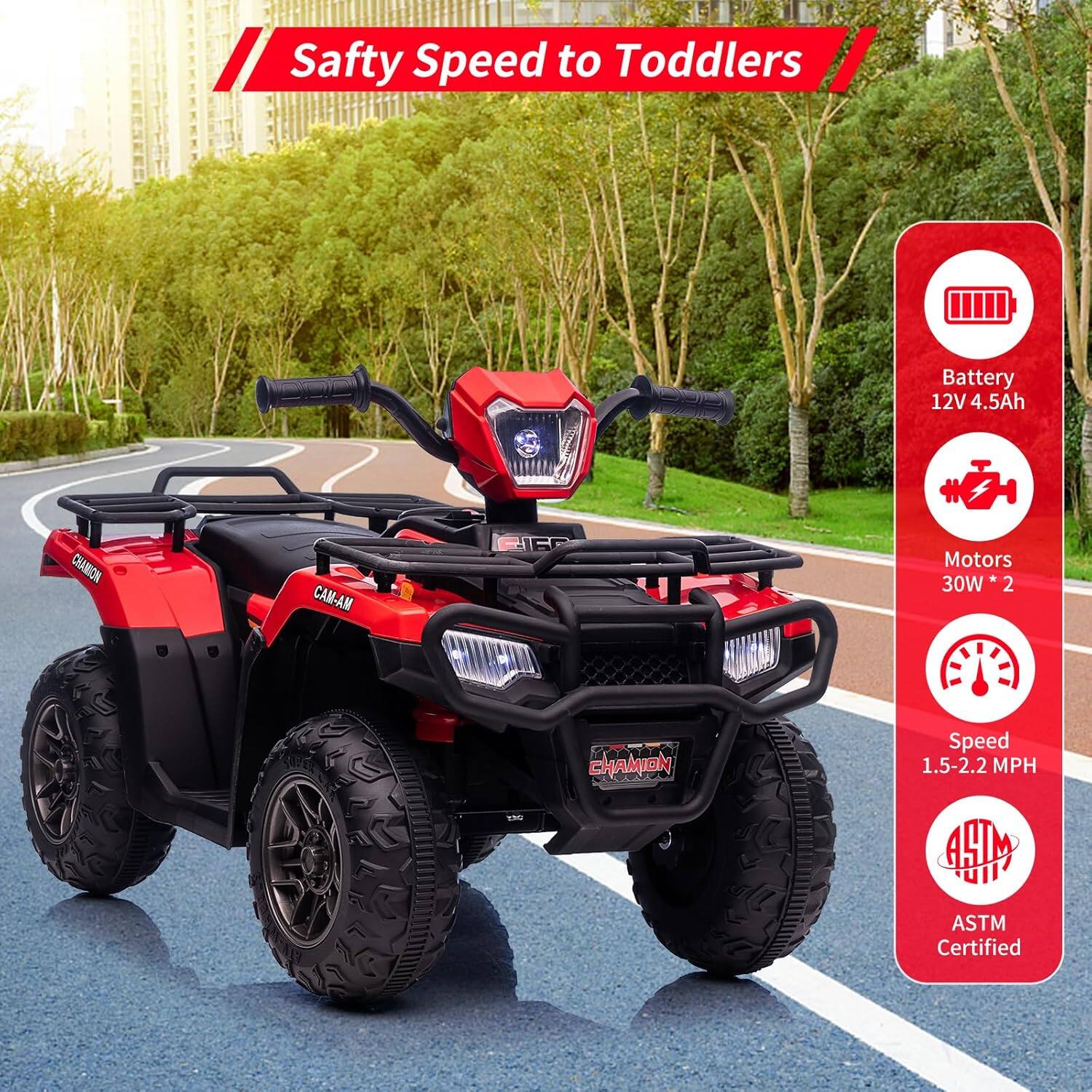 Safety Speed to Toddlers

- Battery: 12V 4.5Ah
- Motors: 30W * 2
- Speed: 1.5-2.2 MPH
- ASTM Certified