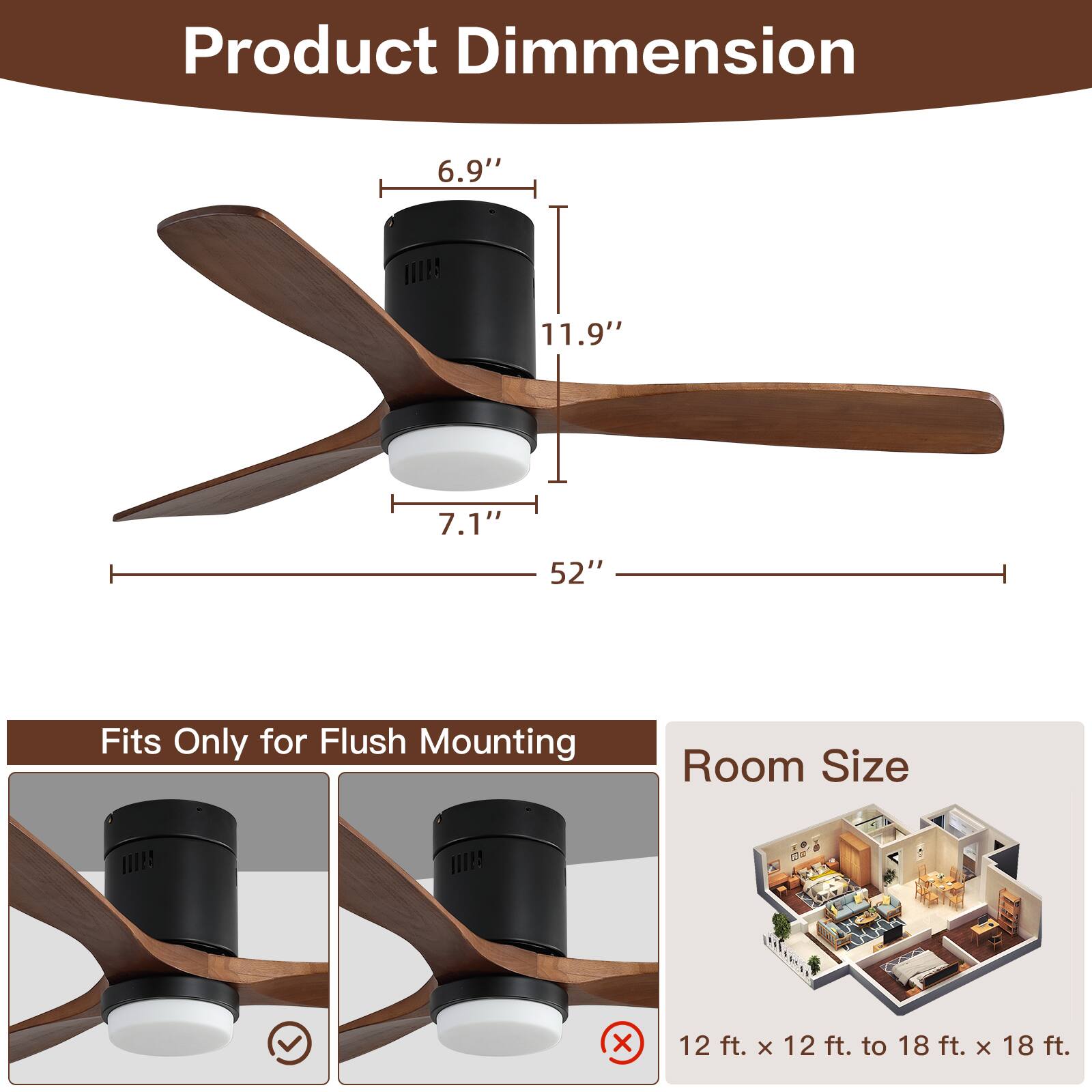 Product Dimension:  
6.9" x 11.9" x 7.1" x 52"  

Fits Only for Flush Mounting  

Room Size:  
12 ft. x 12 ft. to 18 ft. x 18 ft.