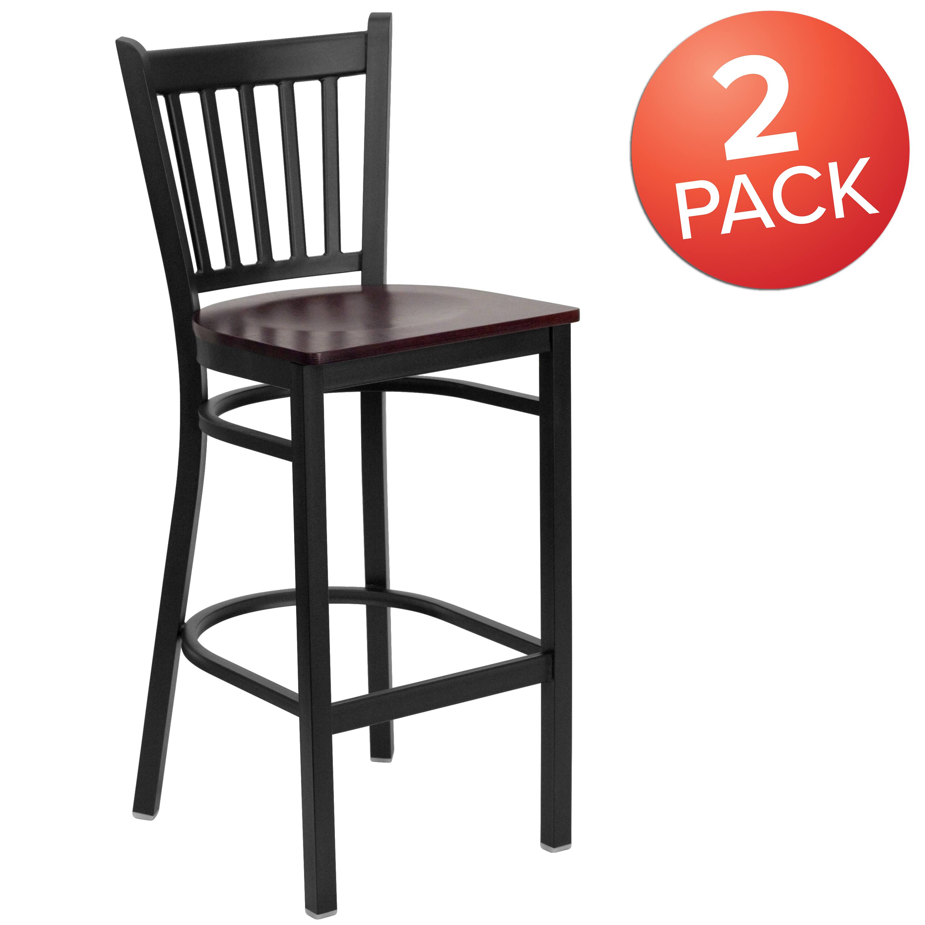 Alt View 1. Emma + Oliver - 2 Pack Vertical Back Metal Restaurant Barstool - Mahogany Wood Seat/Black Metal Frame.