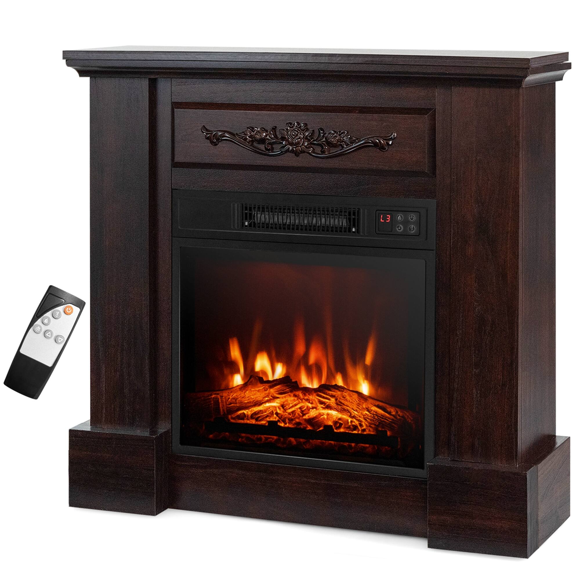 Costway - 32" Electric Fireplace Mantel TV Stand Space Heater w/Remote Control 1400W - Brown