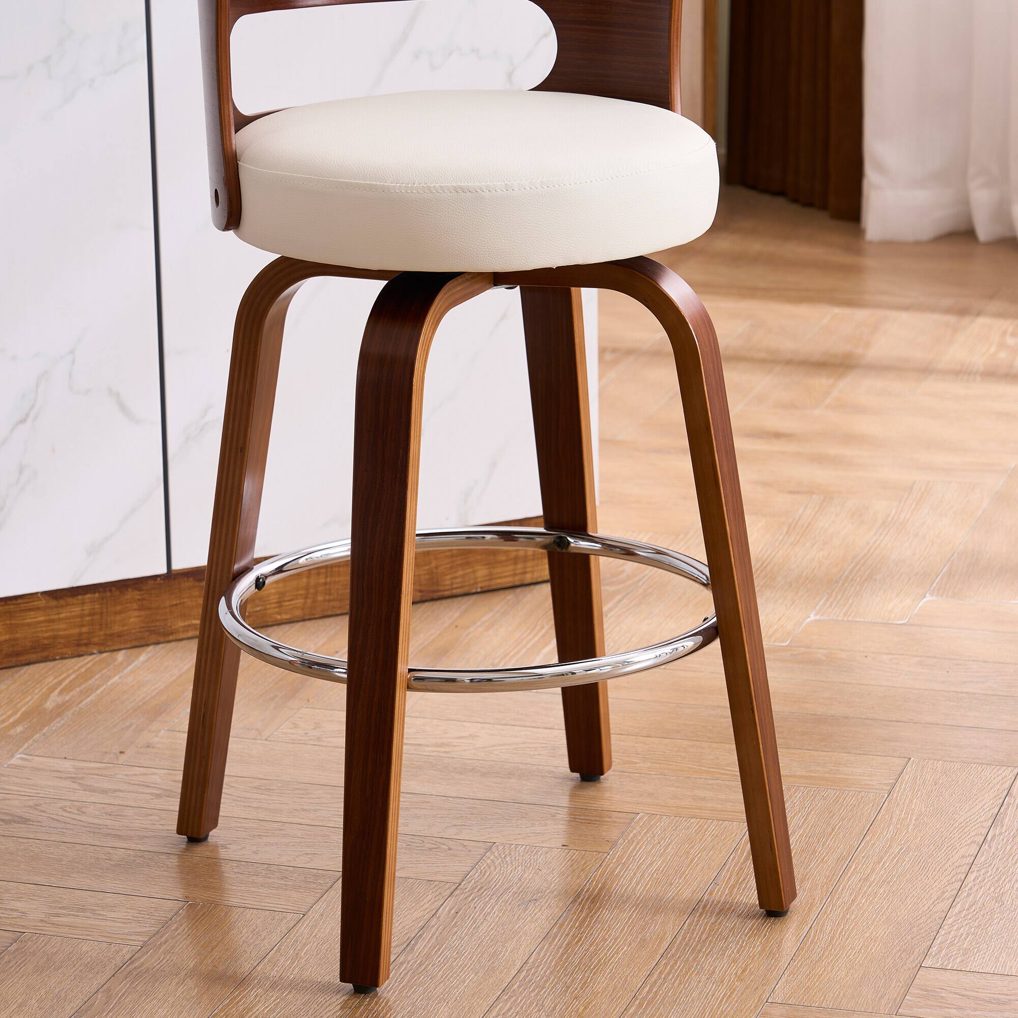 Back. FERPIT - FERPIT Faux Leather Swivel Counter Bar Stools with Wood Legs Set of 2, White, 26" - White.