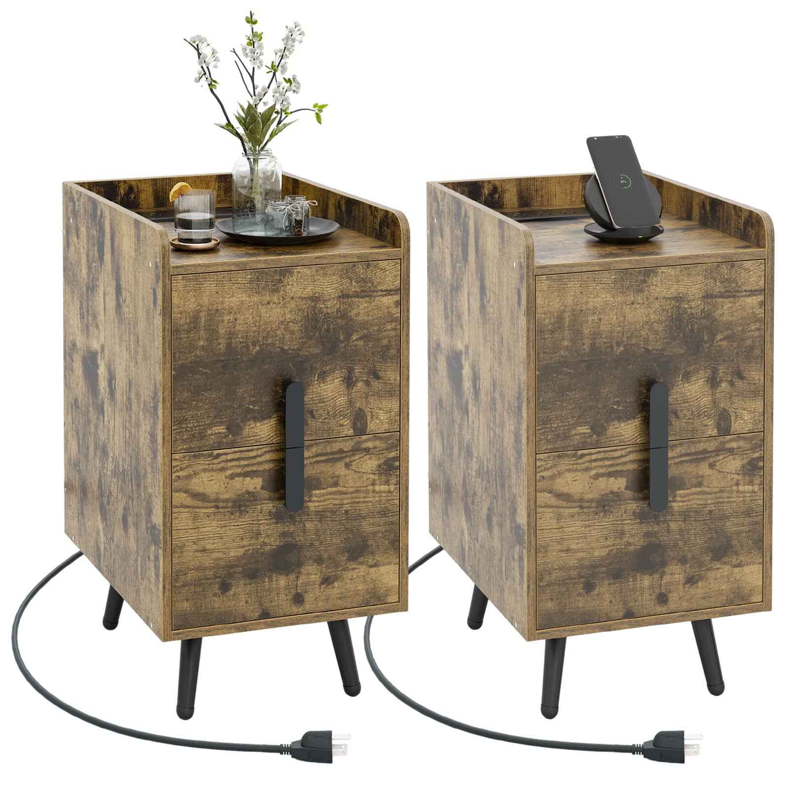Gymax - Set of 2 Nightstand w/ Charging Station Home Bedside Sofa Side Tables w/ 2 Drawers - Cafe