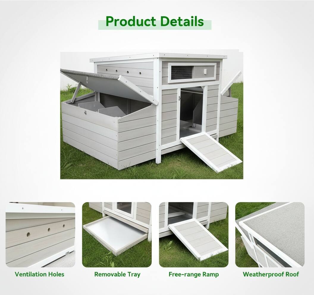Product Details

- Ventilation Holes
- Removable Tray
- Free-range Ramp
- Weatherproof Roof
