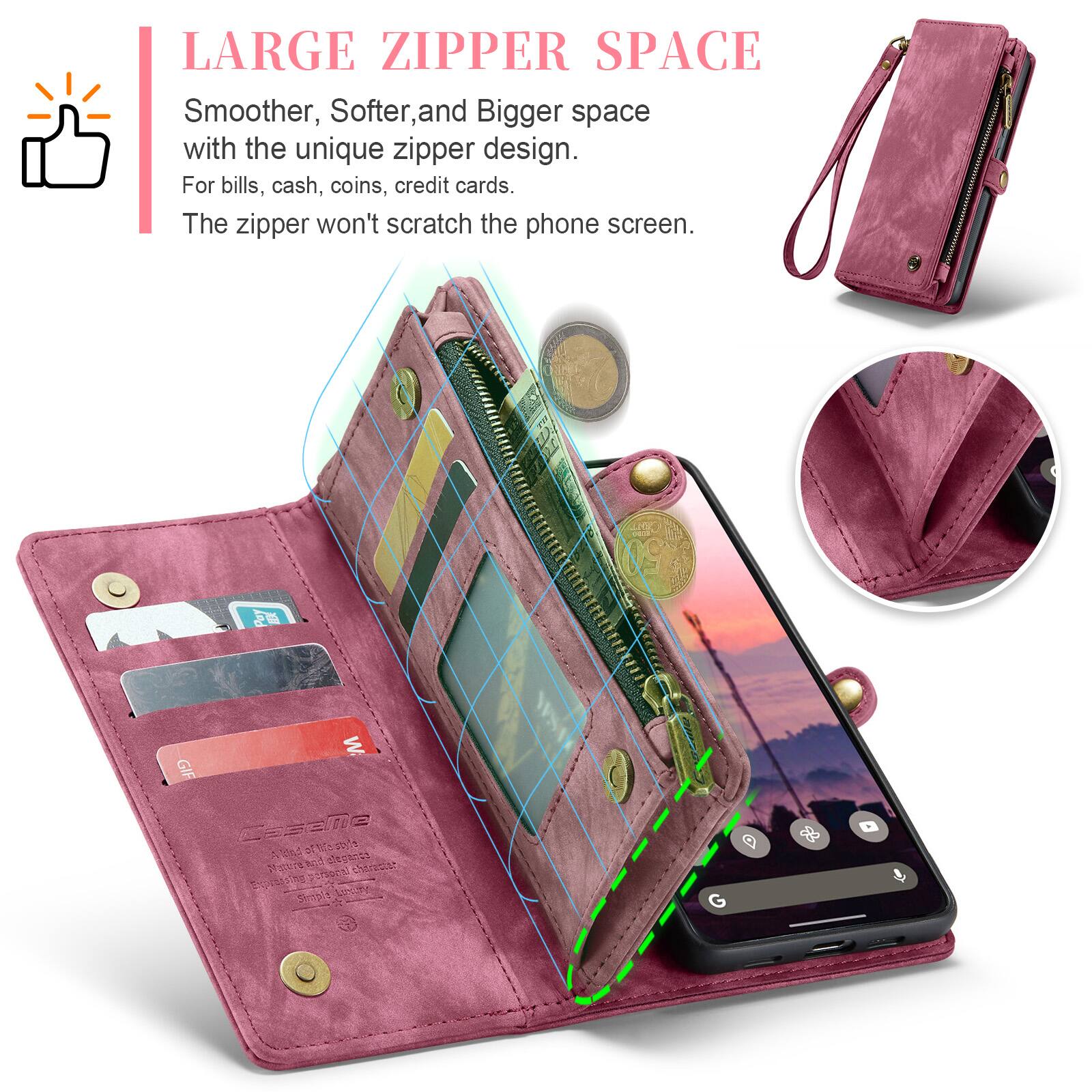 LARGE ZIPPER SPACE  
Smoother, Softer, and Bigger space with the unique zipper design.  
For bills, cash, coins, credit cards.  
The zipper won't scratch the phone screen.