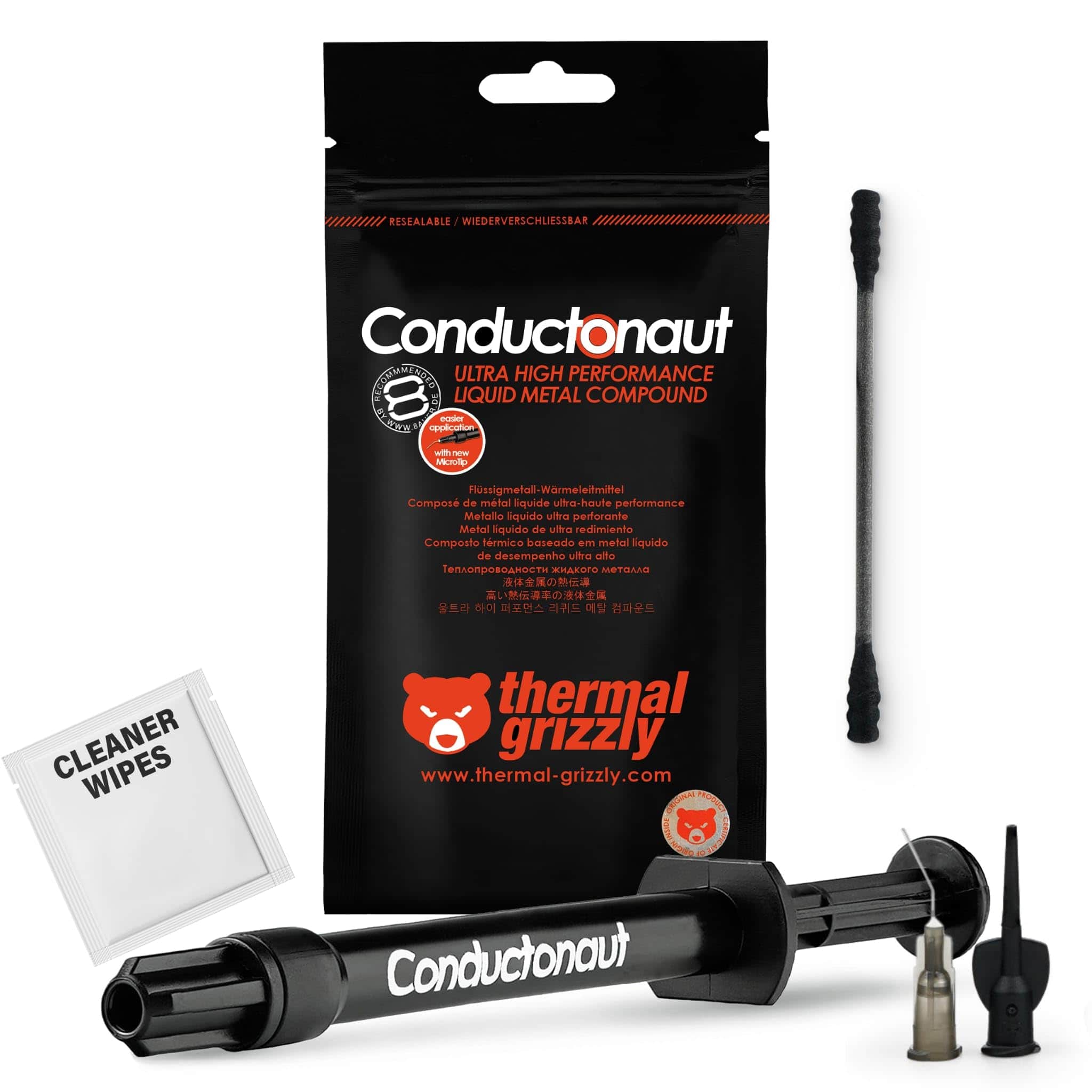 RESEALABLE / WIEDERVERSCHLIESSBAR

Conductionaut  
ULTRA HIGH PERFORMANCE LIQUID METAL COMPOUND

- Compose de métal liquide ultra-haute performance
- Metallo liquido ultra performante
- Metal líquido de alto rendimiento
- Composto termico basado em metal líquido de alto desempenho

CLEANER WIPES

www.thermal-grizzly.com