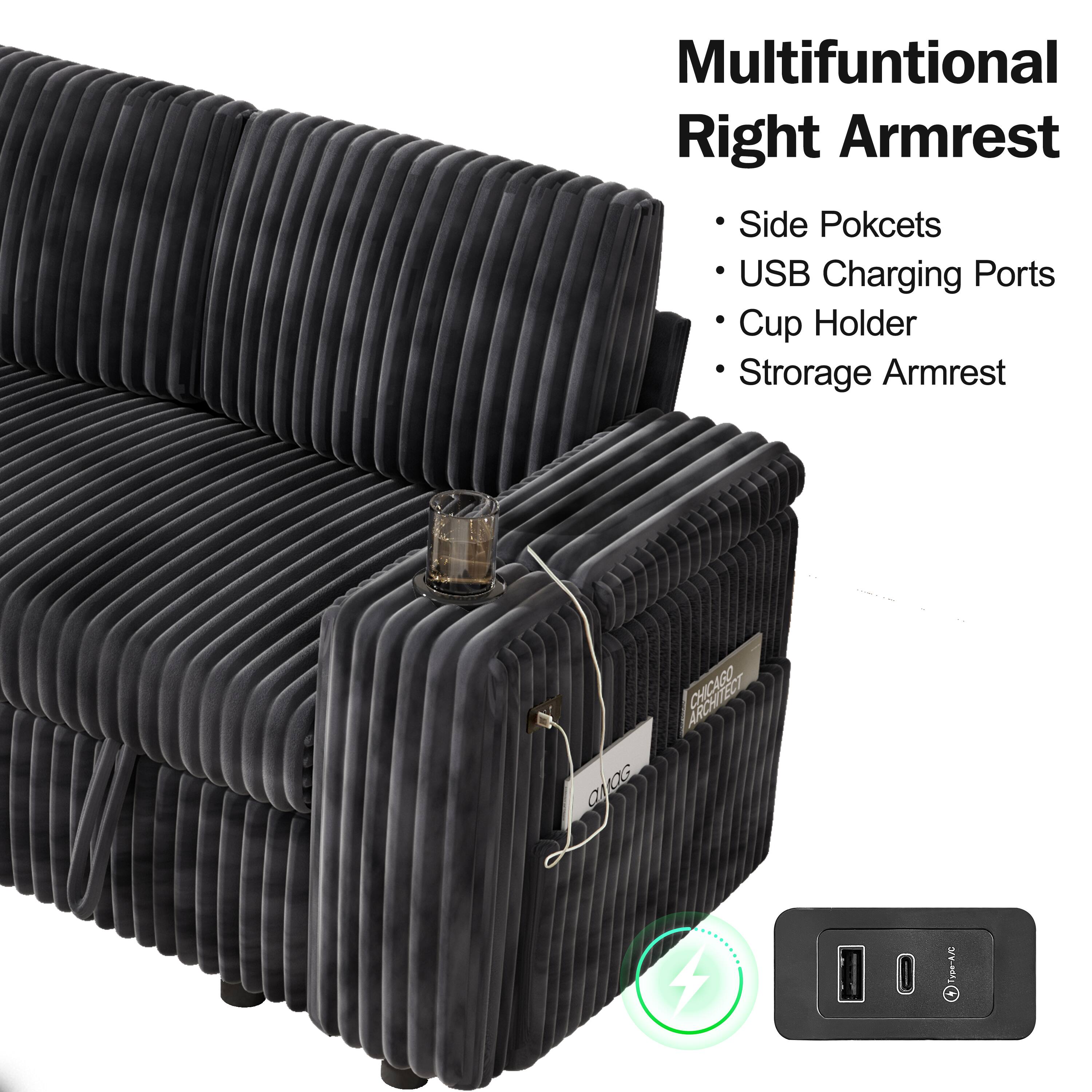 Multifunctional Right Armrest

- Side Pockets
- USB Charging Ports
- Cup Holder
- Storage Armrest