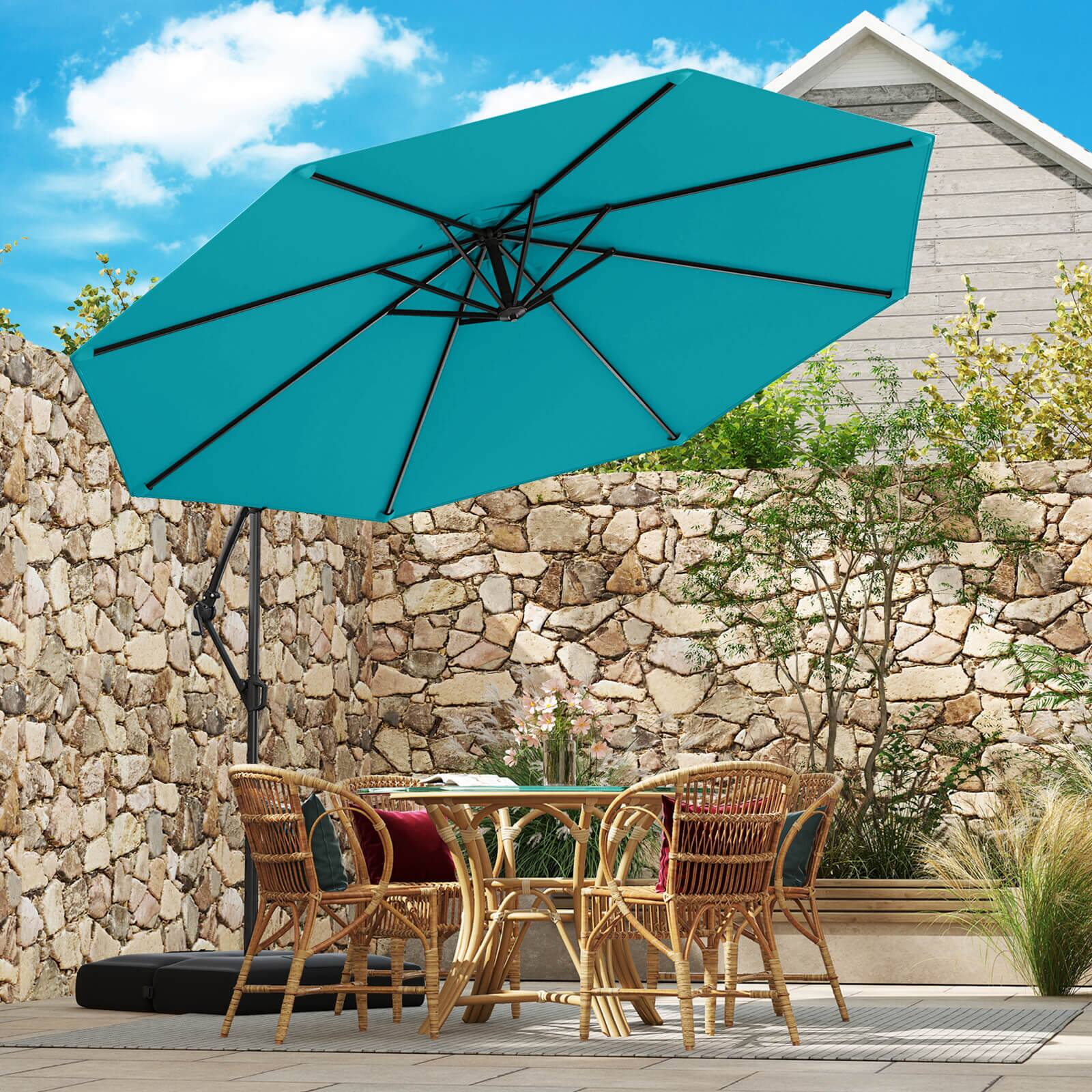 Alt View 3. Costway - Costway 10 FT Offset Hanging Umbrella with Base Patio Cantilever Umbrella 360° Rotation - Turquoise.