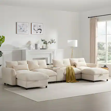 Front. Boyel Living - Modular Sectional Sofa Pull-line&Tufted Design USB Charger Movable Storage Ottoman Beige Chenille - Beige.