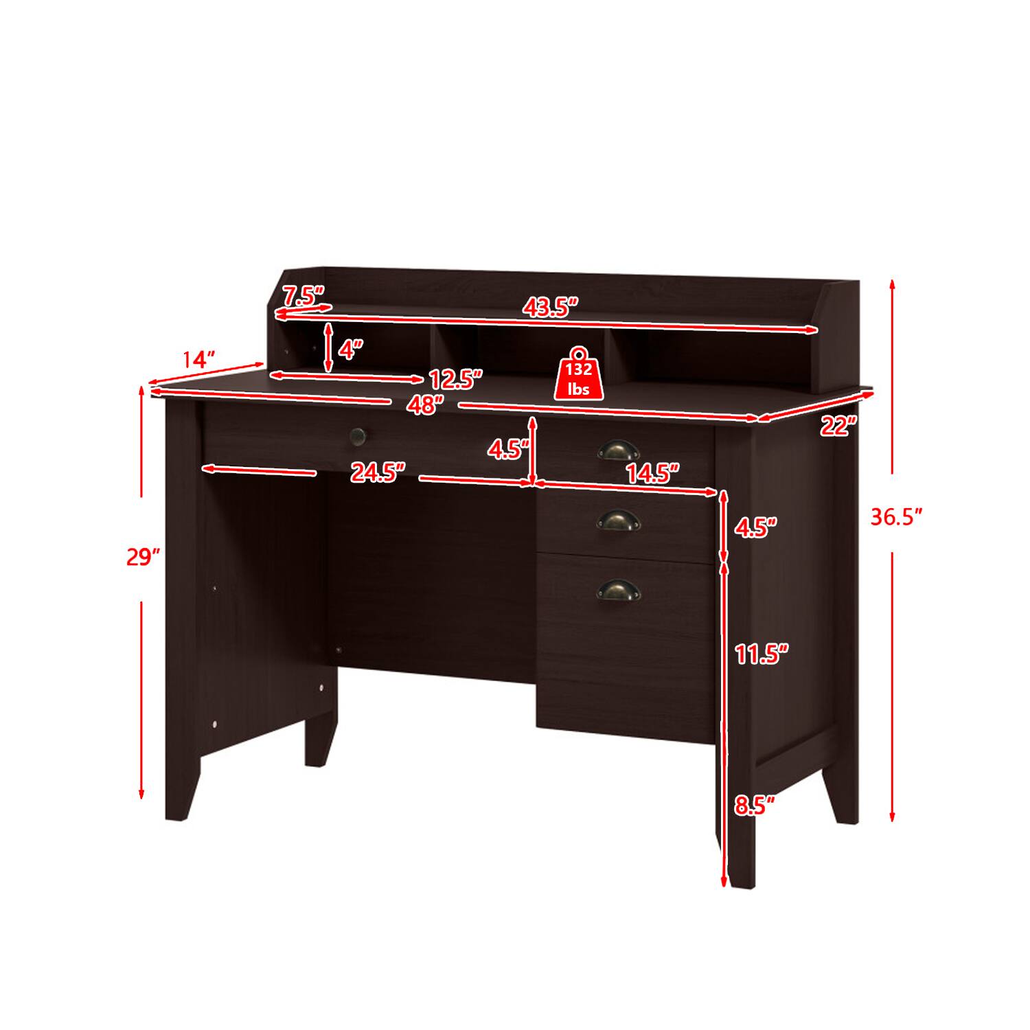 14" 7.5" 43.5" 4" 132 lbs 12.5" 48" 4.5" 24.5" 14.5" 22" 29" 4.5" 36.5" 11.5" 8.5"