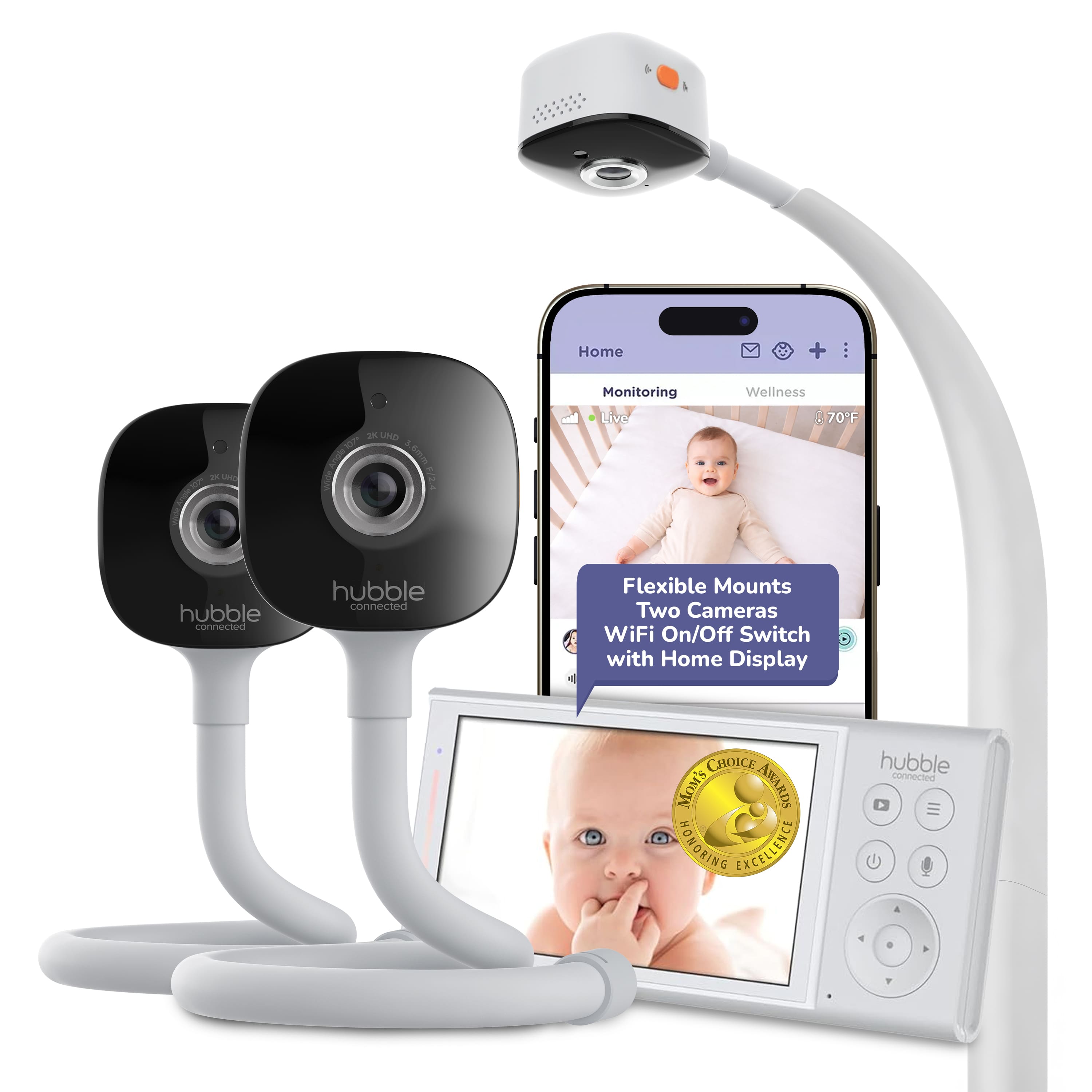 Hubble Connected - GoBaby AI Baby Monitor Camera w/Covered Face & Rollover Alert, True Cry Detection, Sleep Trainer & More - 2 Cameras, 1 Parent Unit