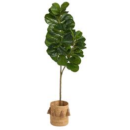 BreeBe - 5.5' Fiddle Leaf Fig Tree in Natural Jute Planter w/Tassels - Green