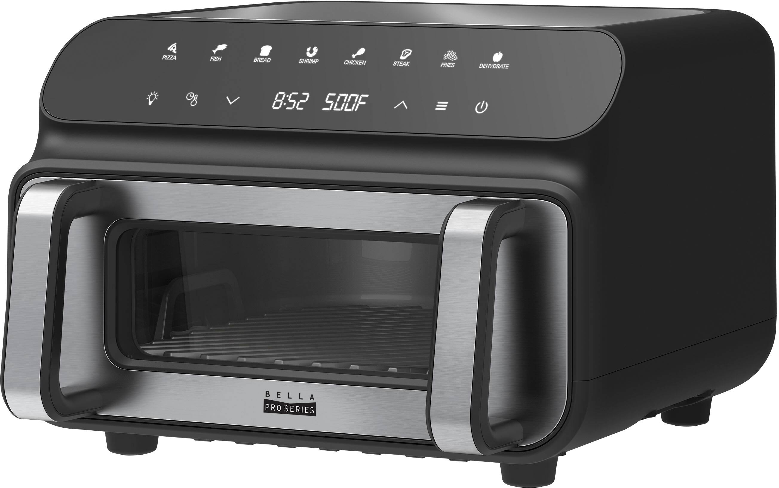 The text on the image reads: "Pizza Fish Bread Shrimp Chicken T Steak Fries Dehydrate of 8:52 500F Bella Pro Series." The corrected text should be: "Pizza Fish Bread Shrimp Chicken T Steak Fries Dehydrate of 8:52 500F Bella Pro Series."