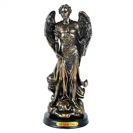 Pacific Trading - St. Sealtiel Archangel of Worship and Contemplation 8 Inch Tall Wooden Base with Brass Name Plate - Bronze