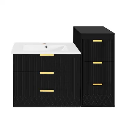 Front. Boyel Living - 24 Inch Wall Mounted Modern Bathroom Vanity with Ceramic Sink and Side Cabinet Black - Black.