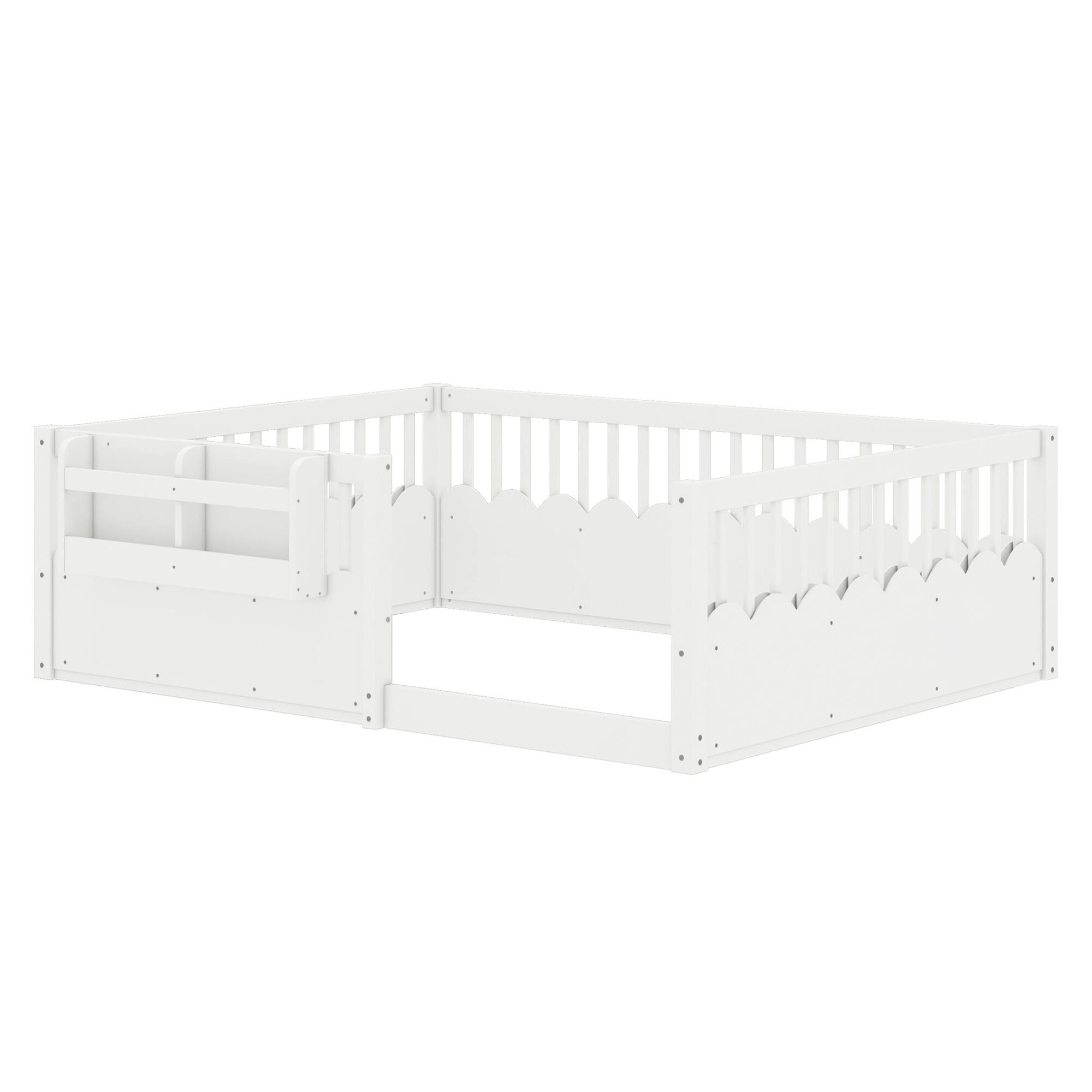 Alt View 2. GOODSILO - Full Size Low Profile Safety Floor Bed with Built-In Bookshelf for Children's Room - White.