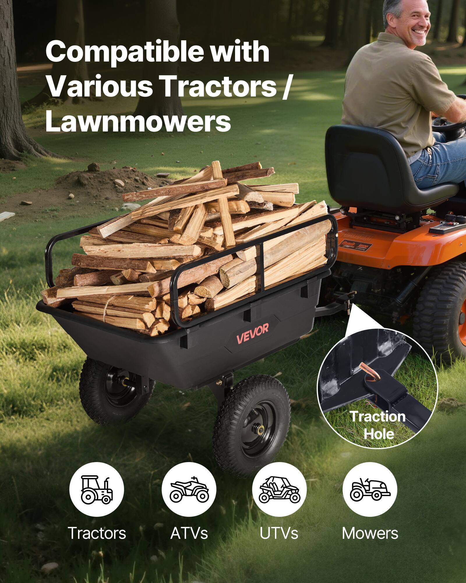 Compatible with Various Tractors / Lawnmowers

VEVOR Traction Hole

Tractors  
ATVs  
UTVs  
Mowers