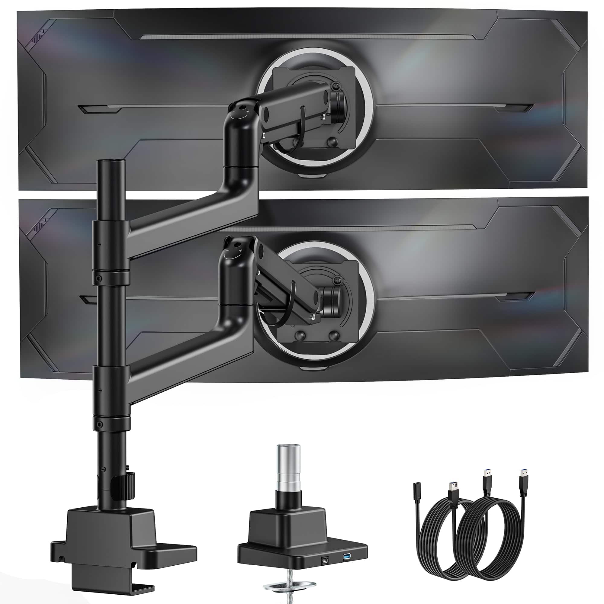 Cedar Assembly - Dual Ultrawide Monitor Arm For Up To 59.s Screen Aluminum Heavy duty Gas Spring Vertical Stackable Curved - Black with USB