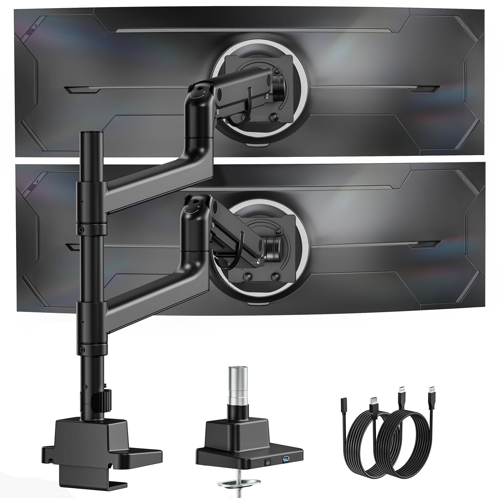 Front. Cedar Assembly - Dual Ultrawide Monitor Arm For Up To 59.s Screen Aluminum Heavy duty Gas Spring Vertical Stackable Curved - Black with USB.