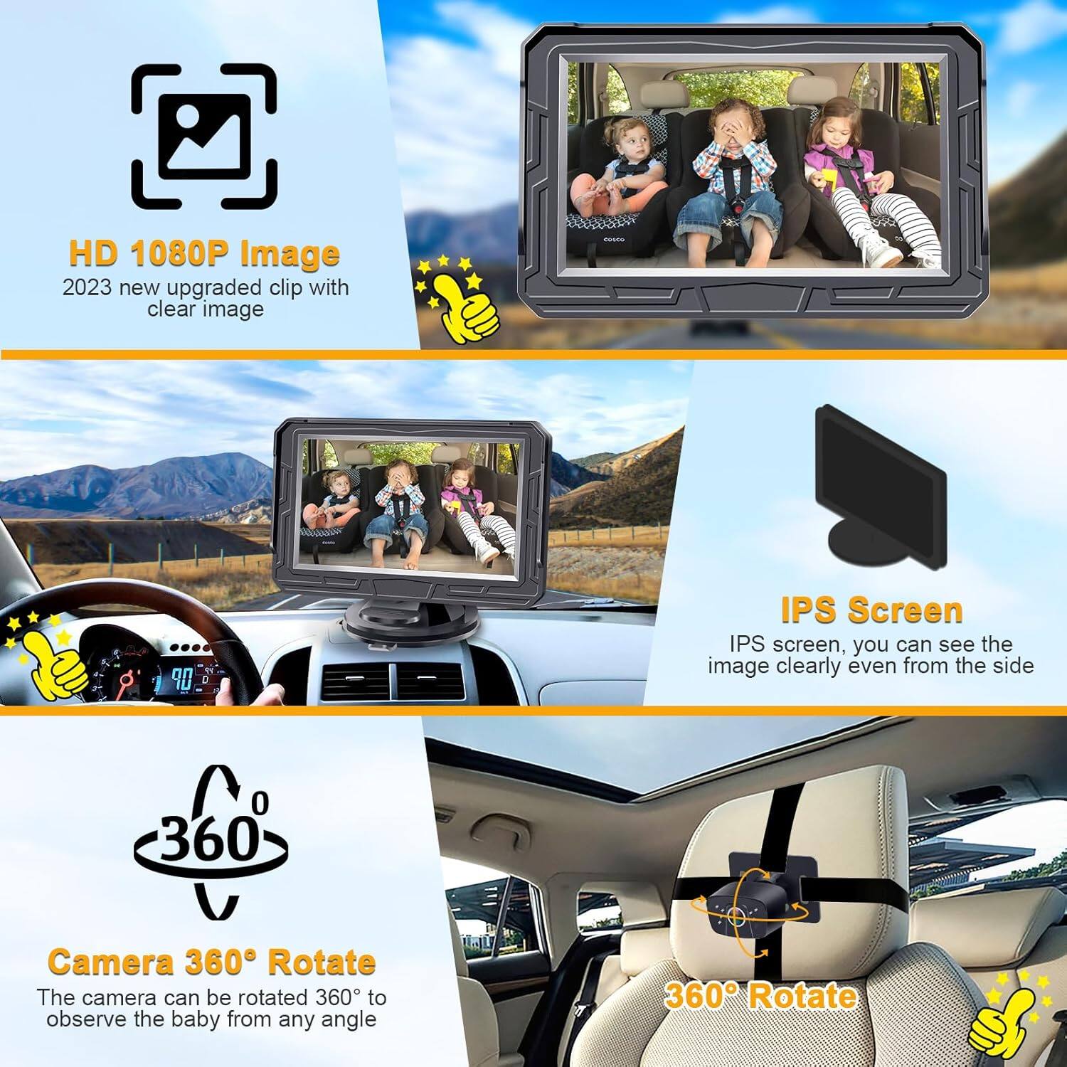 HD 1080P Image  
2023 new upgraded clip with clear image  

IPS Screen  
IPS screen, you can see the image clearly even from the side  

360° Camera  
The camera can be rotated 360° to observe the baby from any angle